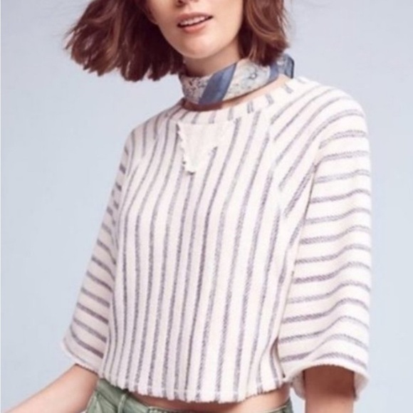 Anthropologie Cream and Navy Striped Short Sleeve Top - Picture 1 of 10